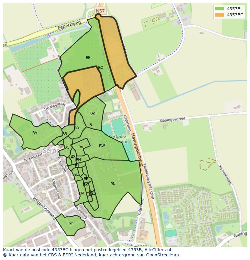 Afbeelding van het postcodegebied 4353 BC op de kaart.