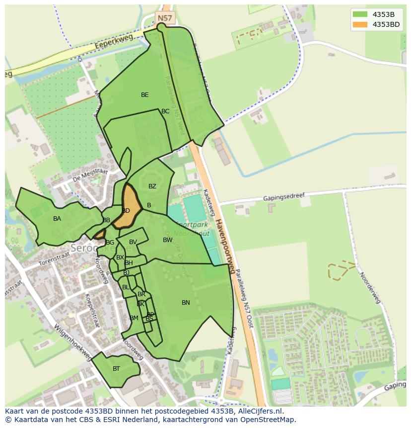 Afbeelding van het postcodegebied 4353 BD op de kaart.