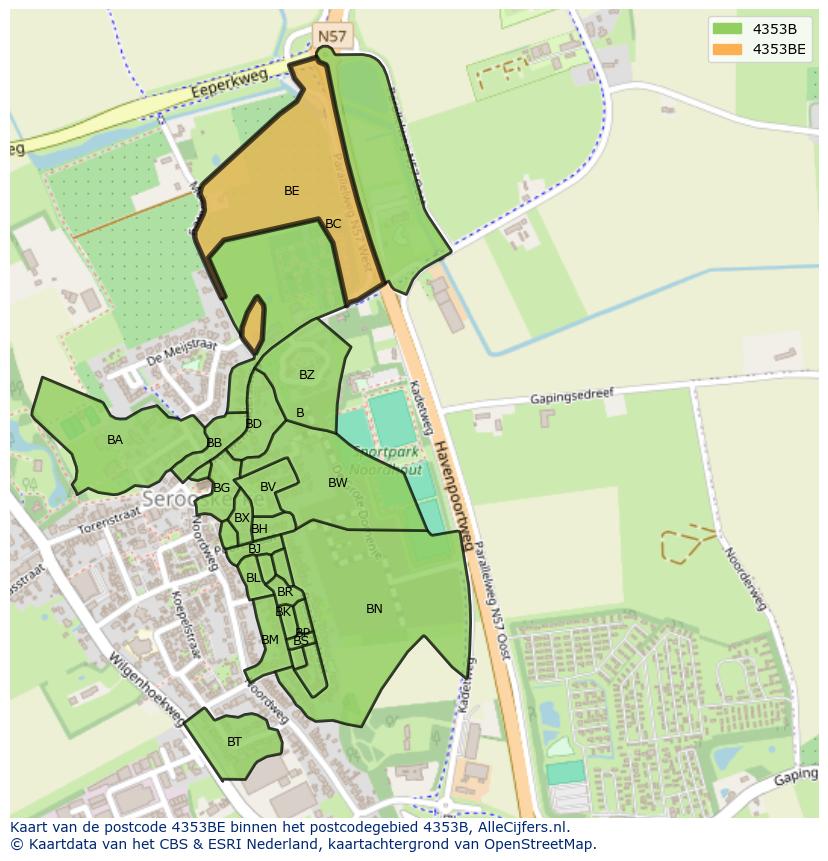 Afbeelding van het postcodegebied 4353 BE op de kaart.