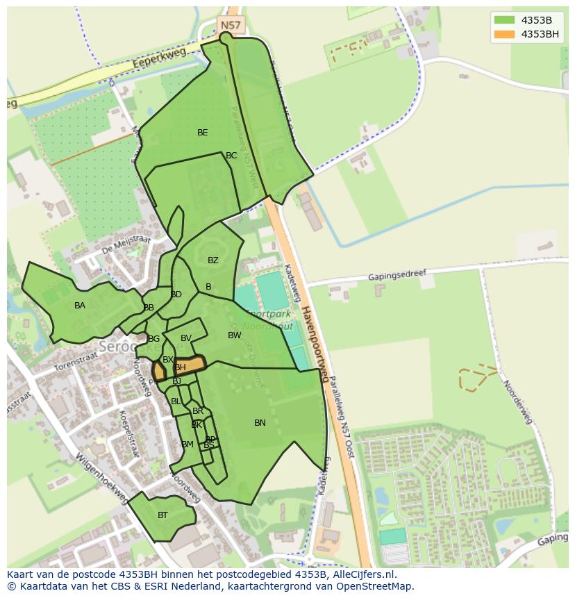 Afbeelding van het postcodegebied 4353 BH op de kaart.