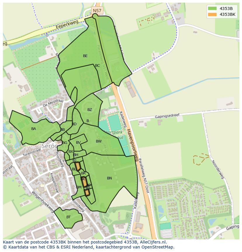 Afbeelding van het postcodegebied 4353 BK op de kaart.