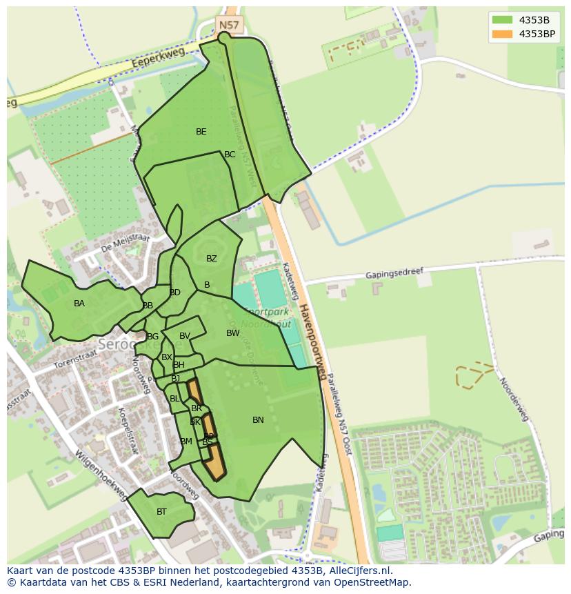 Afbeelding van het postcodegebied 4353 BP op de kaart.