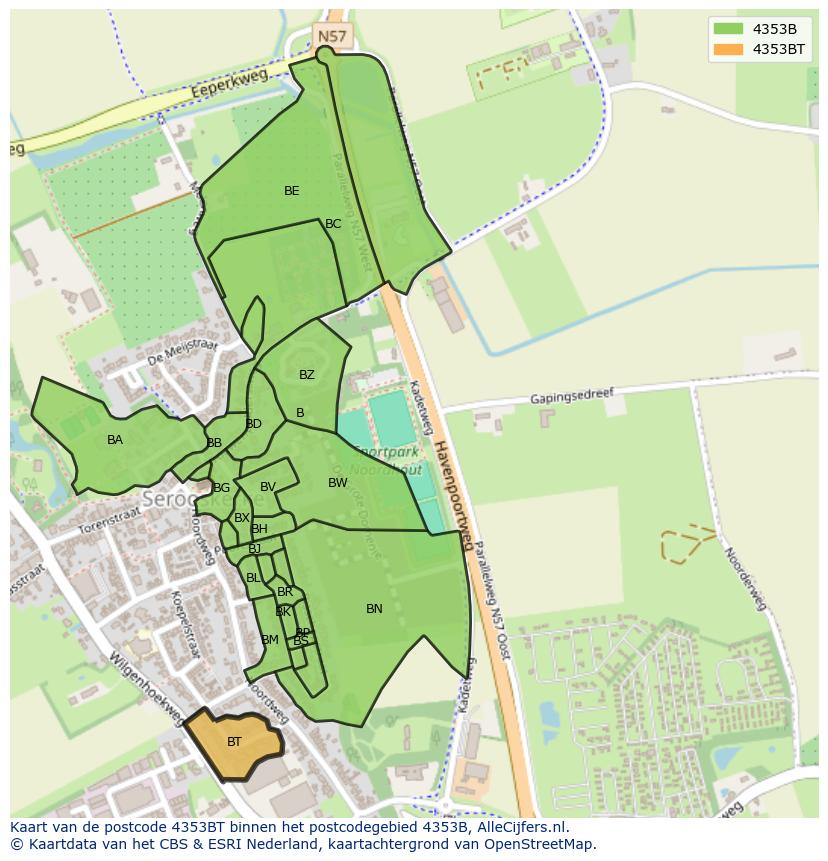 Afbeelding van het postcodegebied 4353 BT op de kaart.