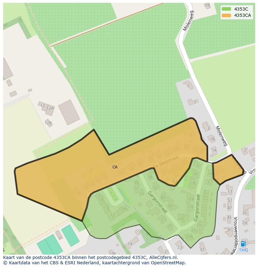 Afbeelding van het postcodegebied 4353 CA op de kaart.