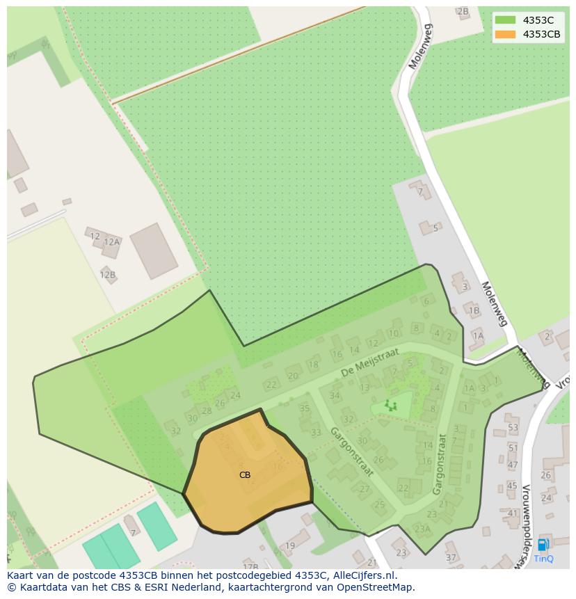 Afbeelding van het postcodegebied 4353 CB op de kaart.