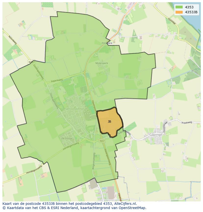 Afbeelding van het postcodegebied 4353 JB op de kaart.