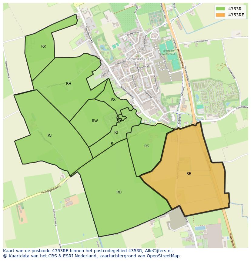 Afbeelding van het postcodegebied 4353 RE op de kaart.