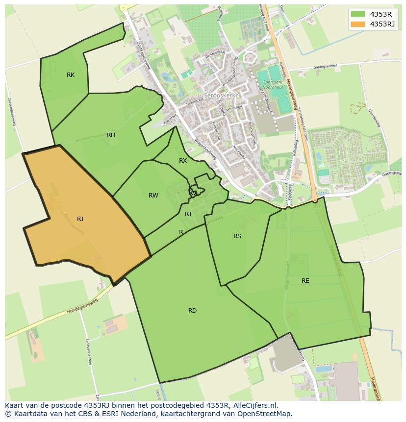 Afbeelding van het postcodegebied 4353 RJ op de kaart.