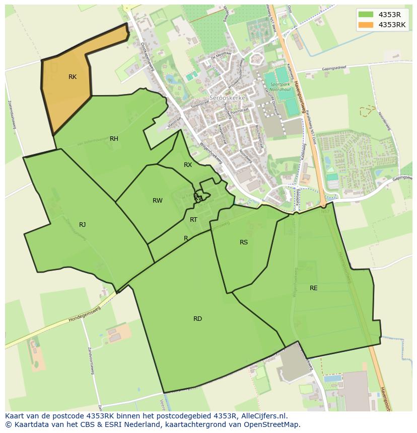Afbeelding van het postcodegebied 4353 RK op de kaart.