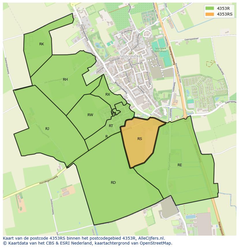 Afbeelding van het postcodegebied 4353 RS op de kaart.