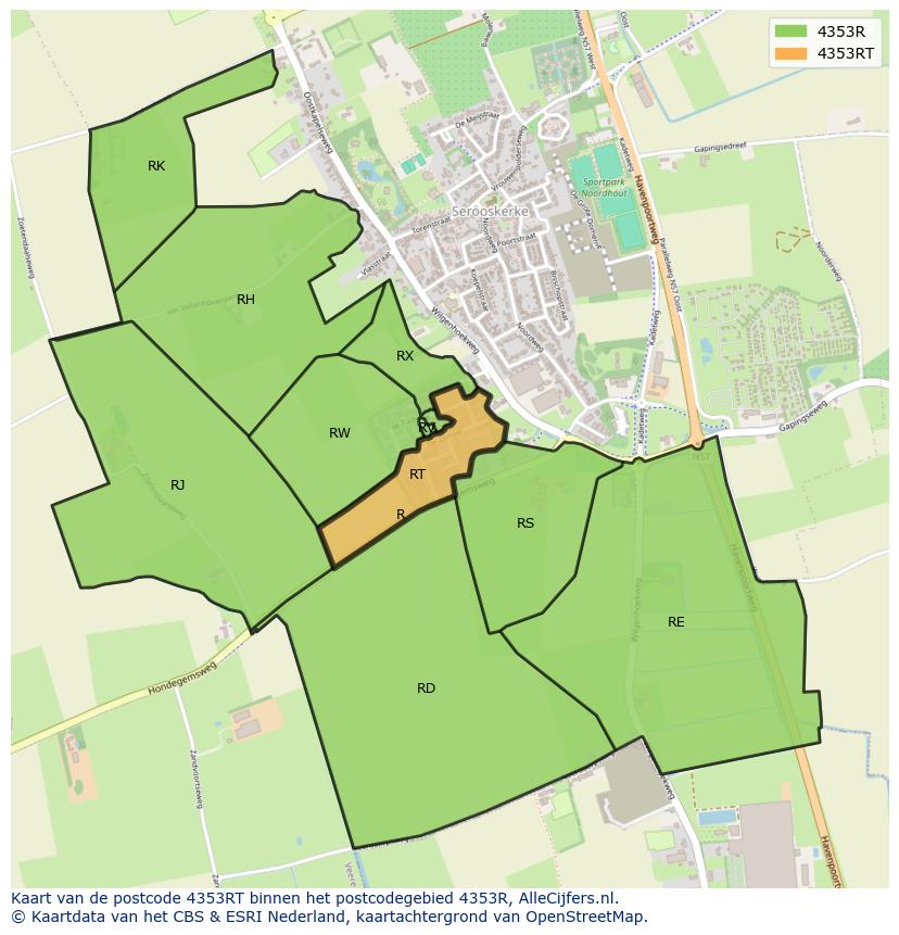 Afbeelding van het postcodegebied 4353 RT op de kaart.