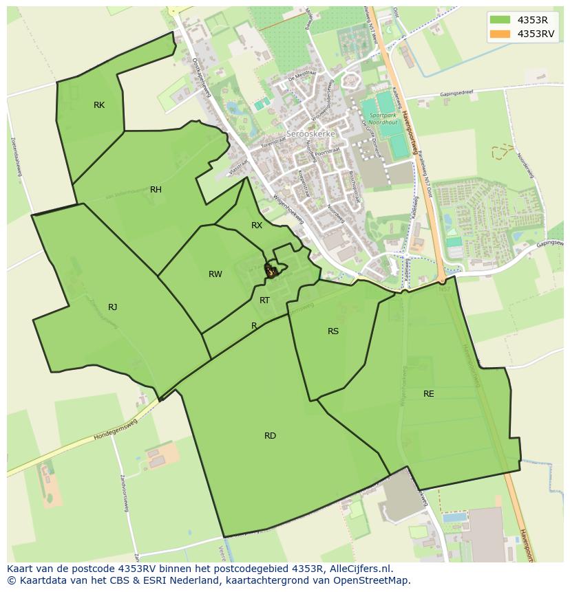 Afbeelding van het postcodegebied 4353 RV op de kaart.