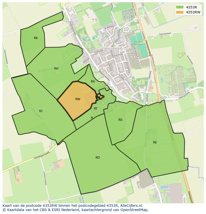 Afbeelding van het postcodegebied 4353 RW op de kaart.