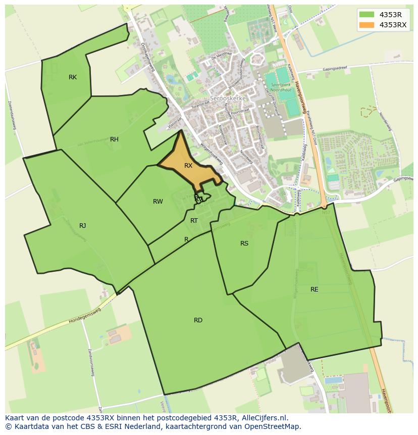 Afbeelding van het postcodegebied 4353 RX op de kaart.