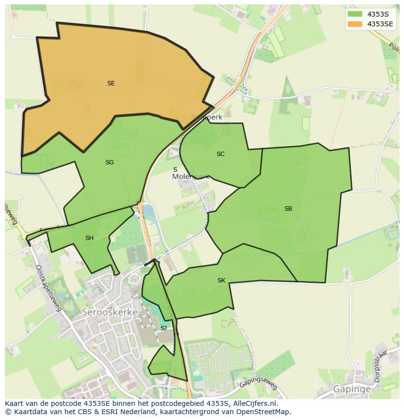 Afbeelding van het postcodegebied 4353 SE op de kaart.