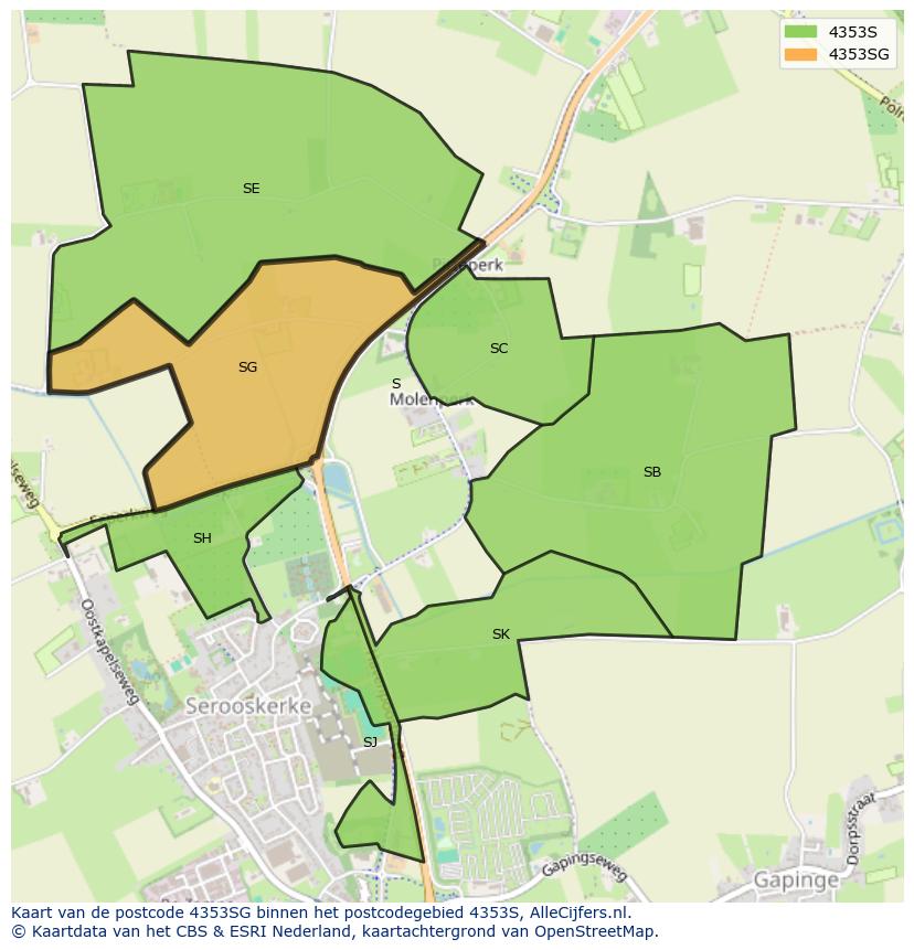 Afbeelding van het postcodegebied 4353 SG op de kaart.