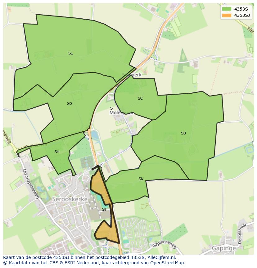 Afbeelding van het postcodegebied 4353 SJ op de kaart.