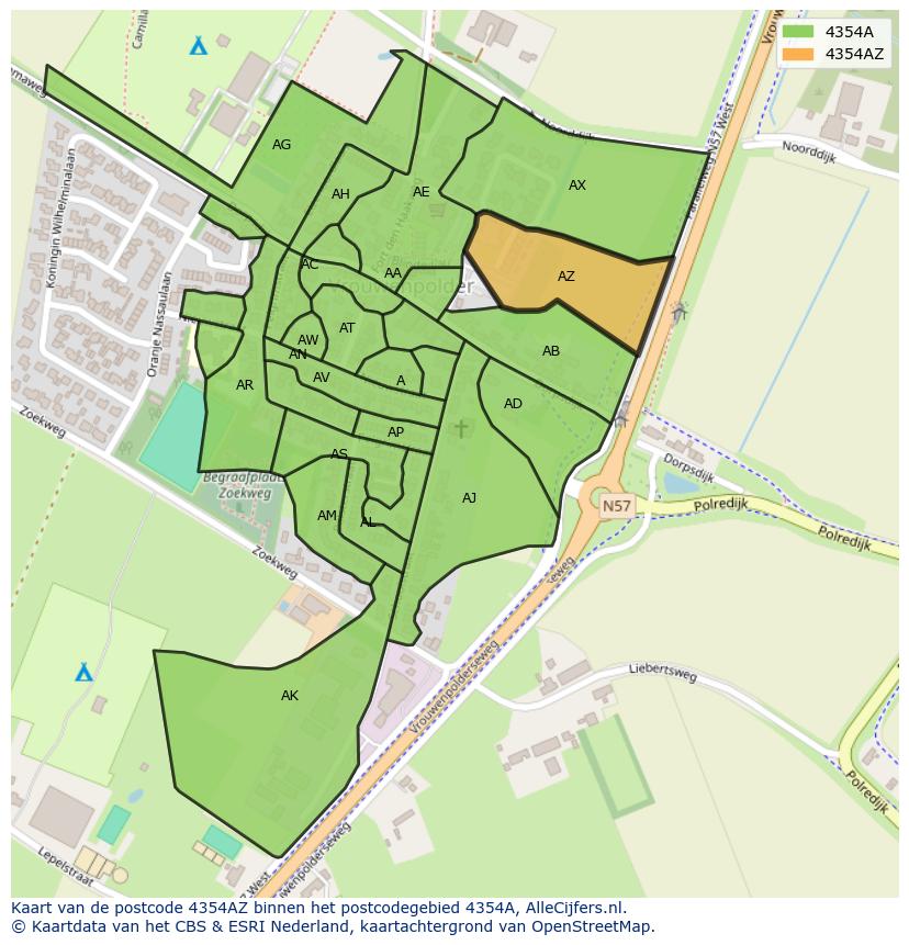 Afbeelding van het postcodegebied 4354 AZ op de kaart.