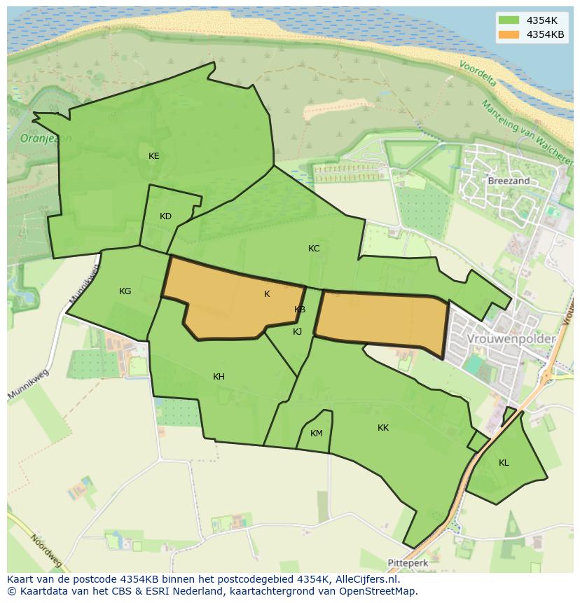 Afbeelding van het postcodegebied 4354 KB op de kaart.