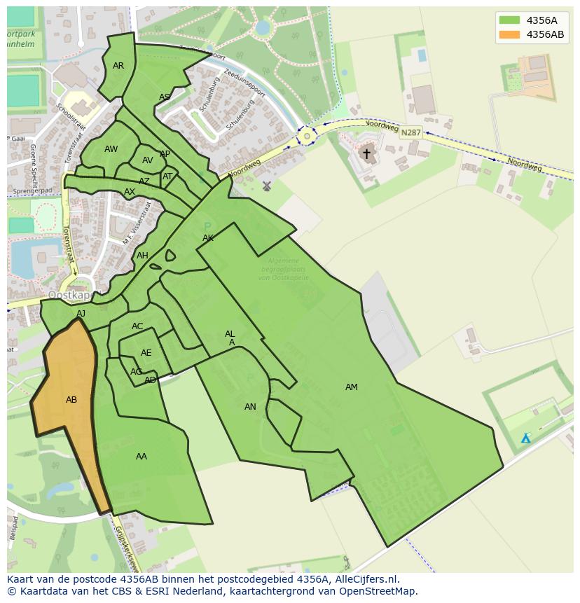 Afbeelding van het postcodegebied 4356 AB op de kaart.