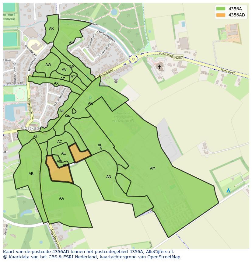 Afbeelding van het postcodegebied 4356 AD op de kaart.