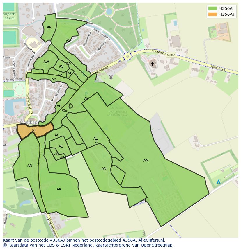 Afbeelding van het postcodegebied 4356 AJ op de kaart.
