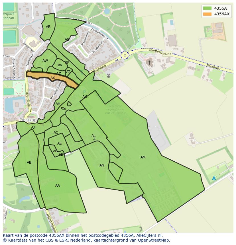 Afbeelding van het postcodegebied 4356 AX op de kaart.