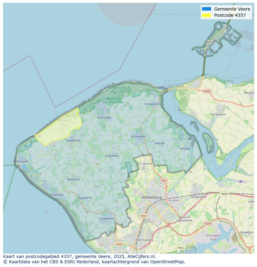 Afbeelding van het postcodegebied 4357 op de kaart.