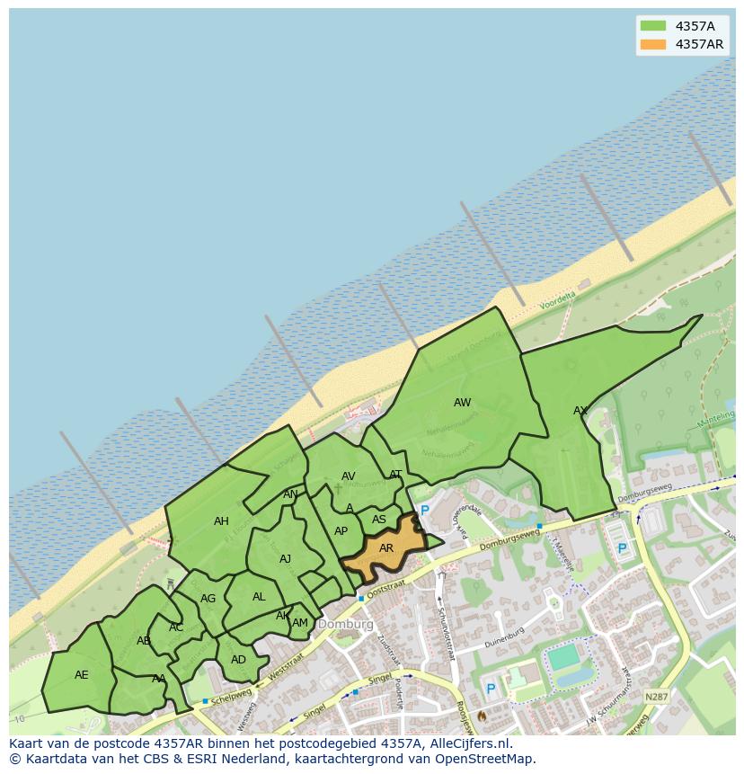 Afbeelding van het postcodegebied 4357 AR op de kaart.