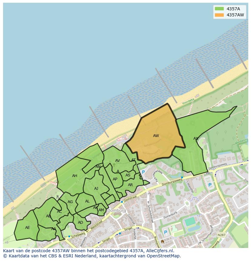 Afbeelding van het postcodegebied 4357 AW op de kaart.