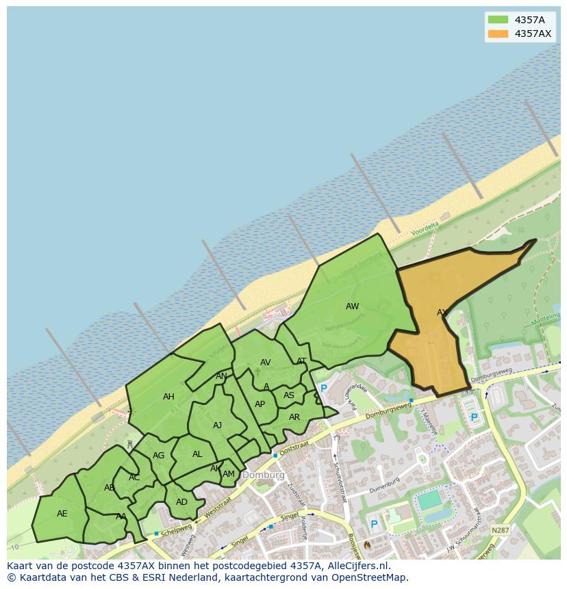Afbeelding van het postcodegebied 4357 AX op de kaart.