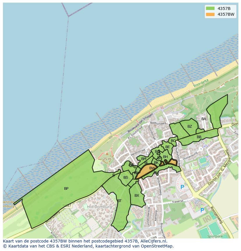 Afbeelding van het postcodegebied 4357 BW op de kaart.