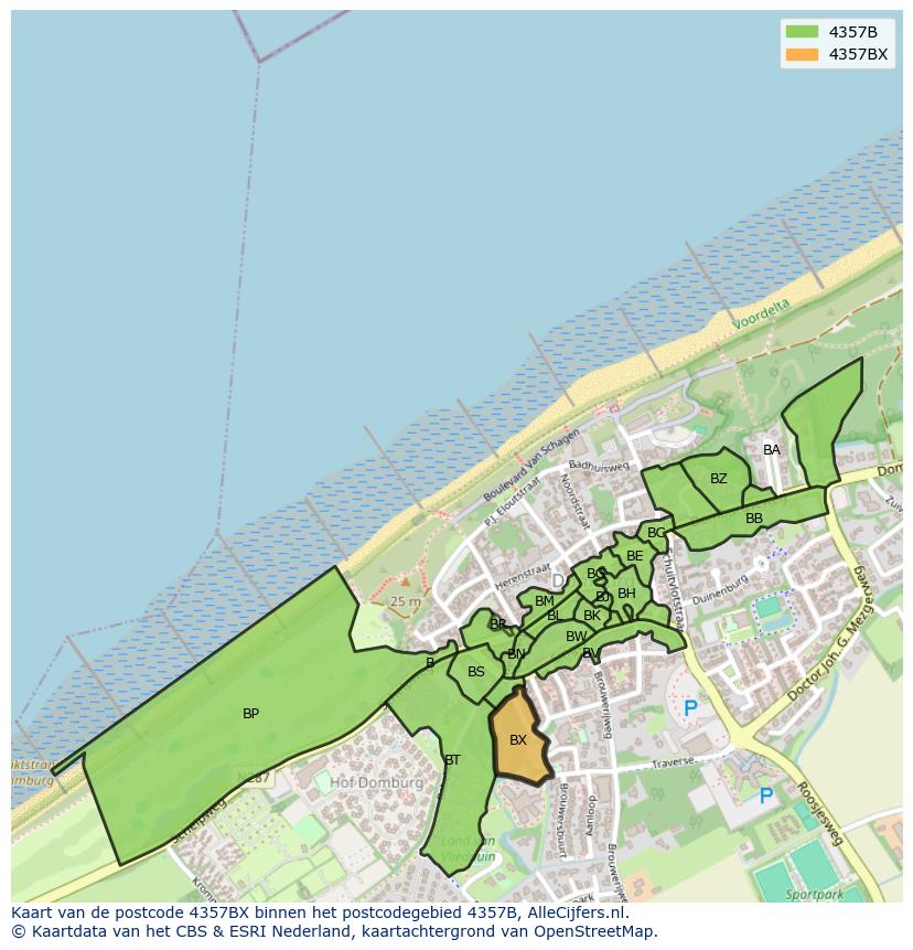 Afbeelding van het postcodegebied 4357 BX op de kaart.