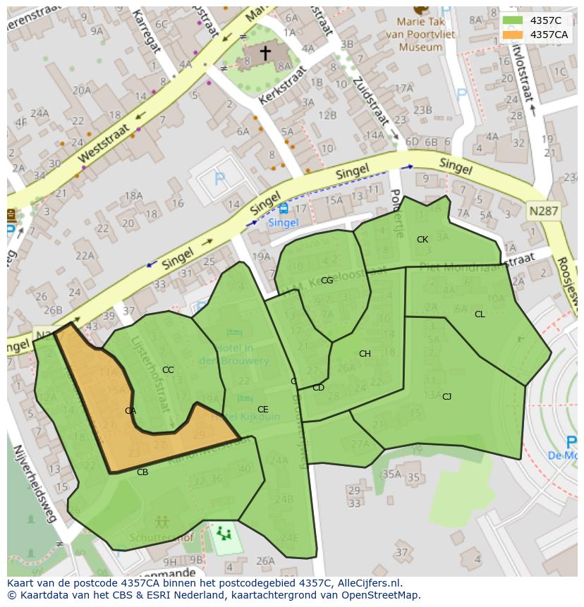 Afbeelding van het postcodegebied 4357 CA op de kaart.