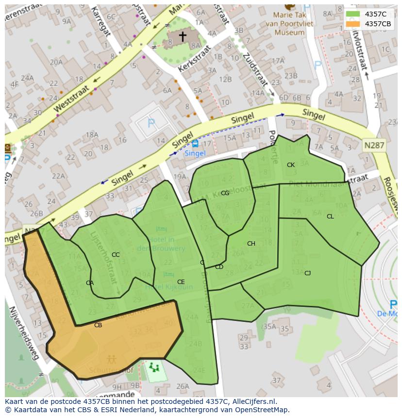 Afbeelding van het postcodegebied 4357 CB op de kaart.