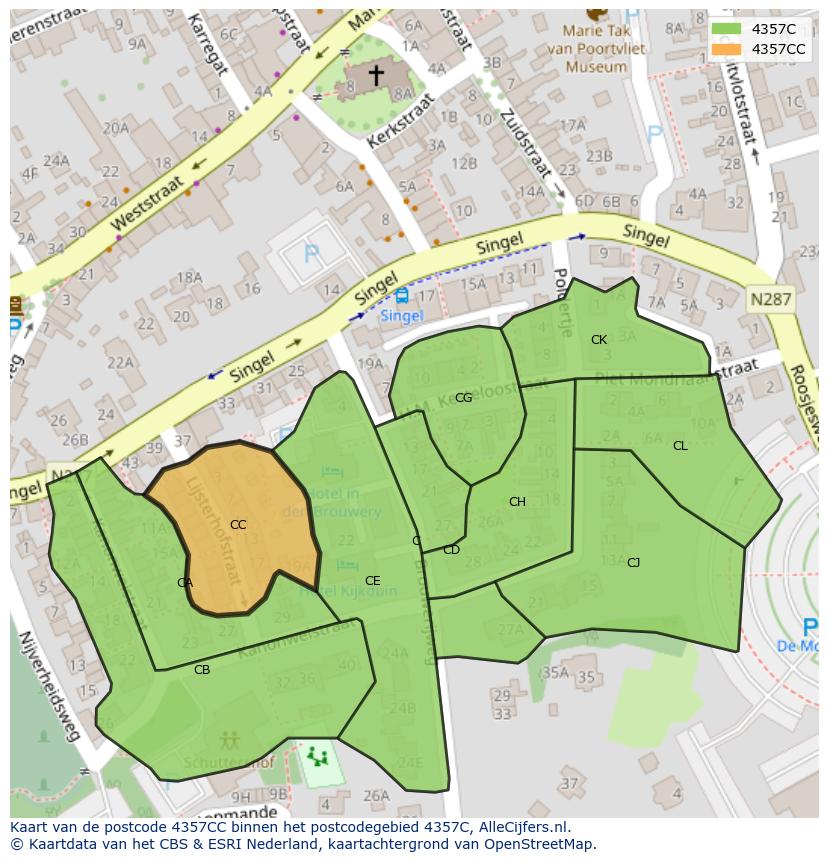 Afbeelding van het postcodegebied 4357 CC op de kaart.