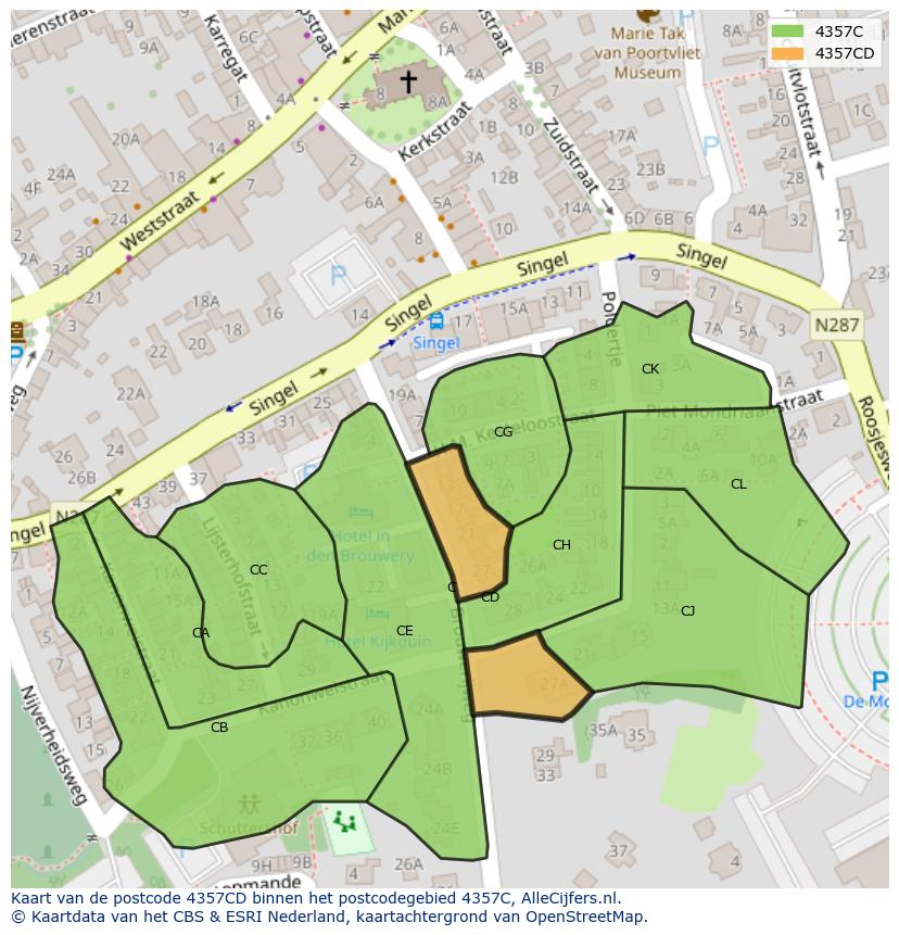 Afbeelding van het postcodegebied 4357 CD op de kaart.