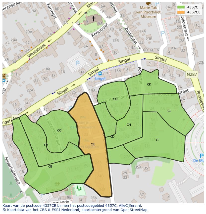 Afbeelding van het postcodegebied 4357 CE op de kaart.