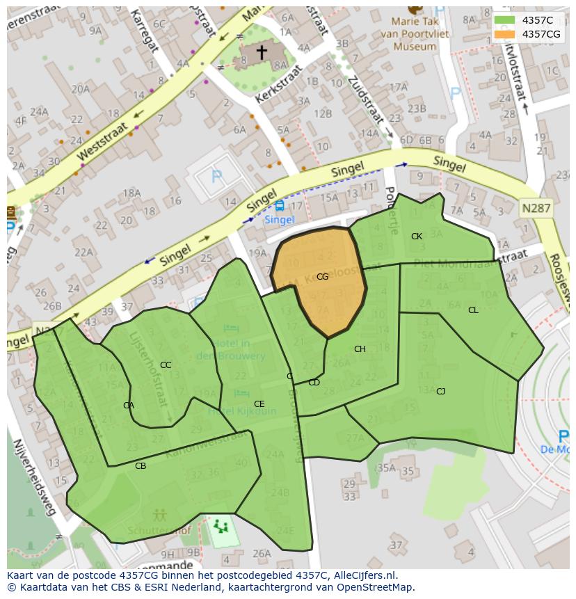 Afbeelding van het postcodegebied 4357 CG op de kaart.