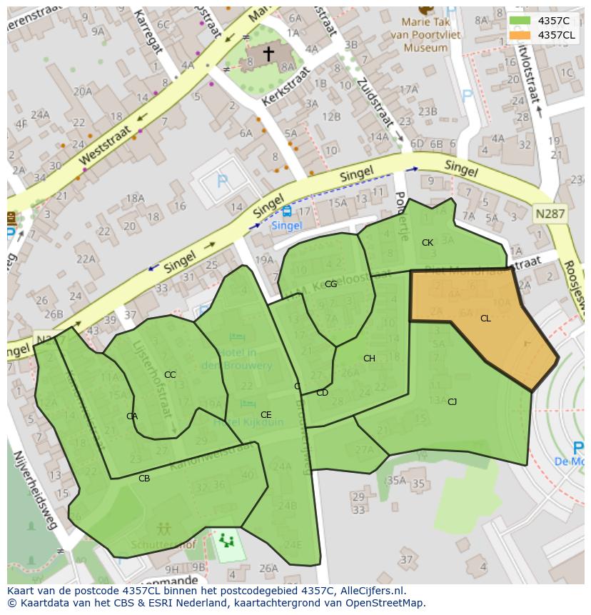 Afbeelding van het postcodegebied 4357 CL op de kaart.