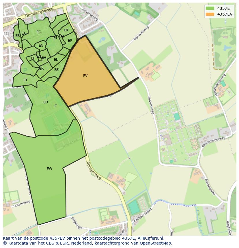 Afbeelding van het postcodegebied 4357 EV op de kaart.