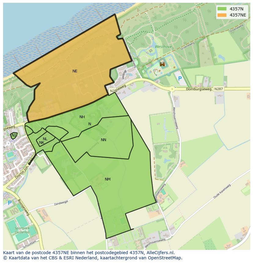 Afbeelding van het postcodegebied 4357 NE op de kaart.