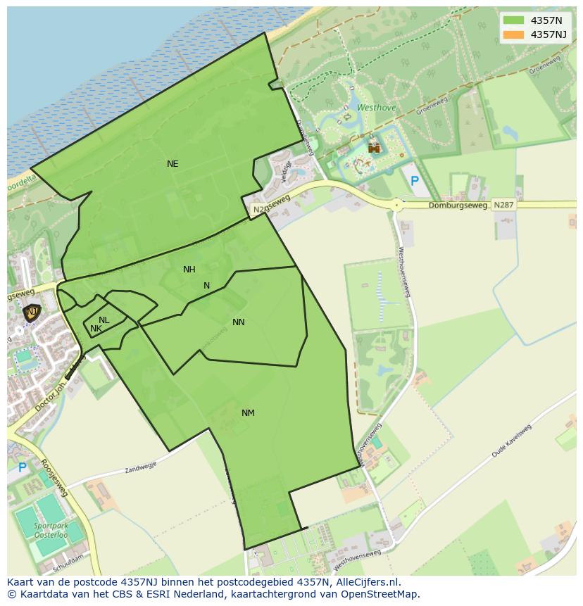 Afbeelding van het postcodegebied 4357 NJ op de kaart.