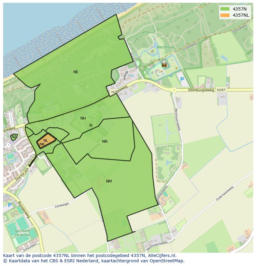 Afbeelding van het postcodegebied 4357 NL op de kaart.