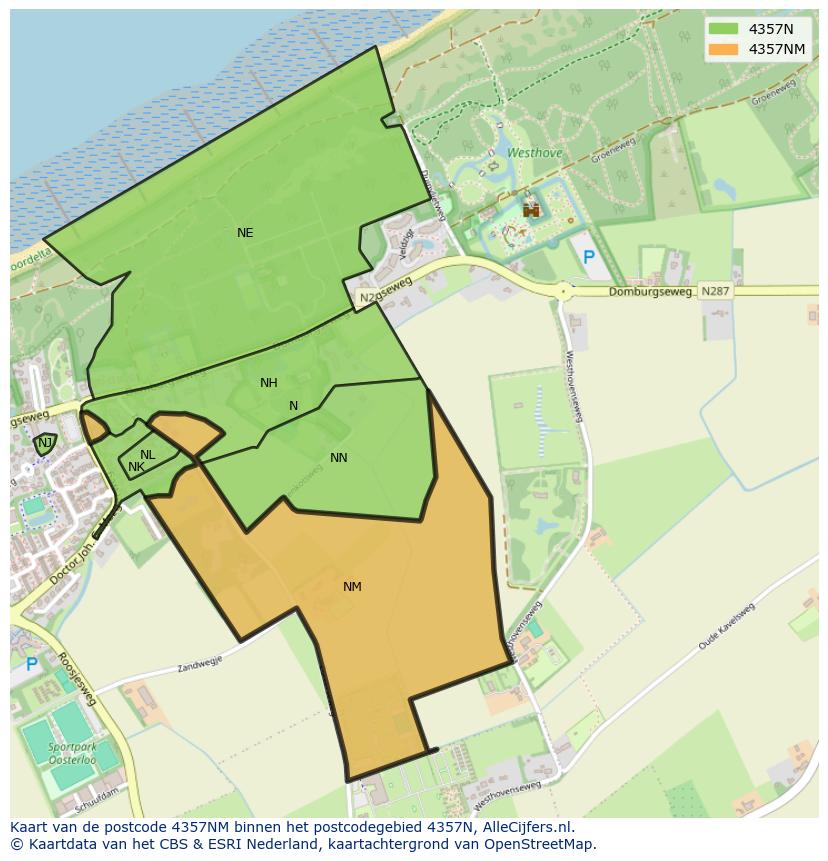 Afbeelding van het postcodegebied 4357 NM op de kaart.