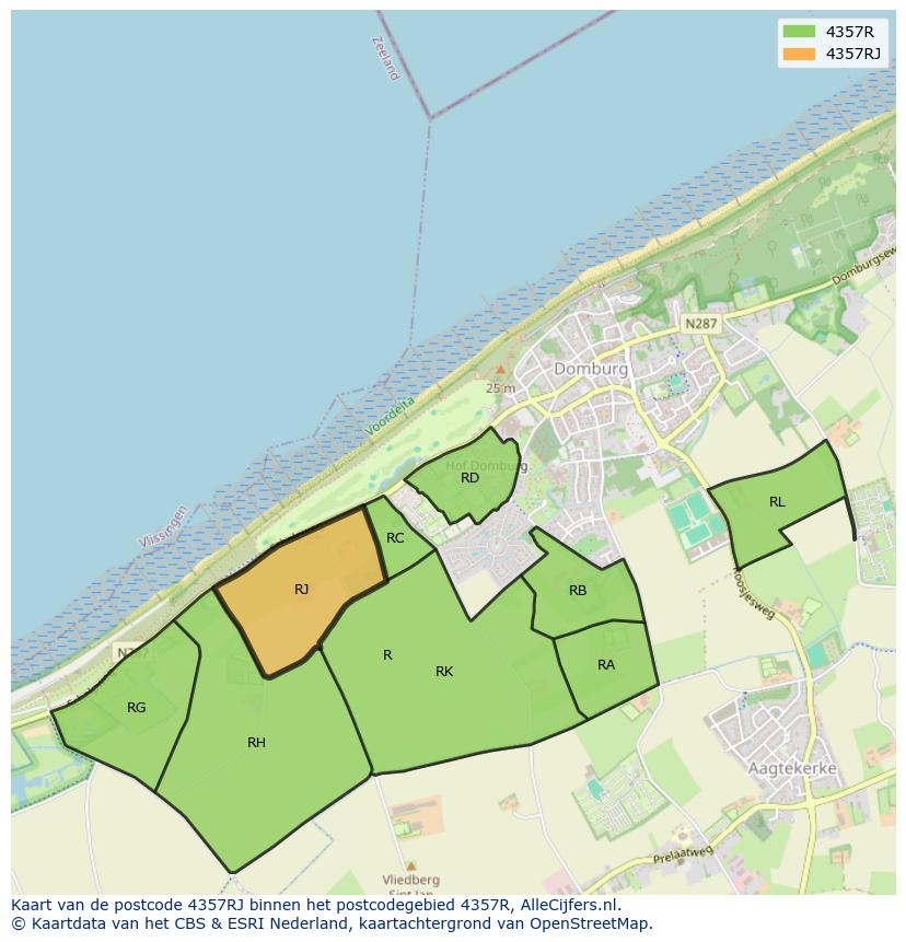 Afbeelding van het postcodegebied 4357 RJ op de kaart.