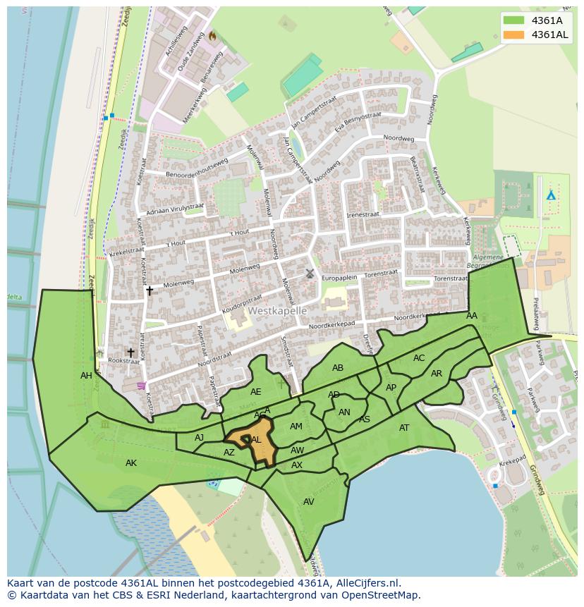 Afbeelding van het postcodegebied 4361 AL op de kaart.