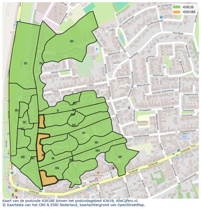 Afbeelding van het postcodegebied 4361 BE op de kaart.