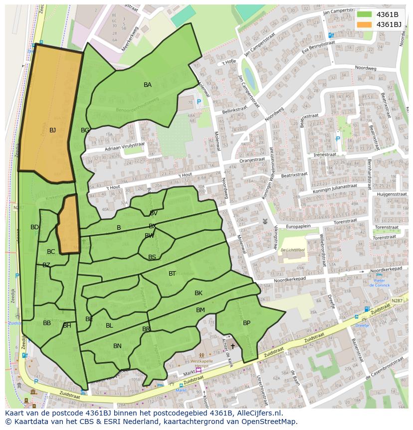 Afbeelding van het postcodegebied 4361 BJ op de kaart.