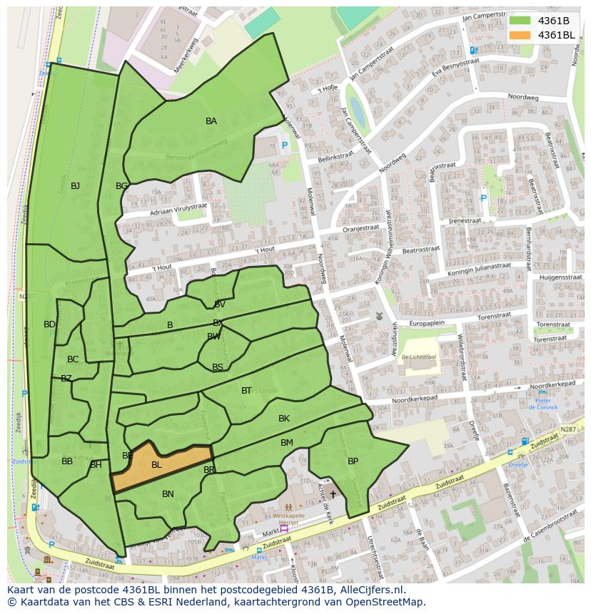 Afbeelding van het postcodegebied 4361 BL op de kaart.